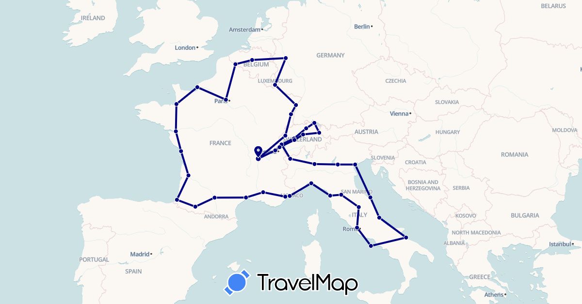 TravelMap itinerary: driving in Belgium, Switzerland, Germany, France, Italy, Liechtenstein, Luxembourg (Europe)